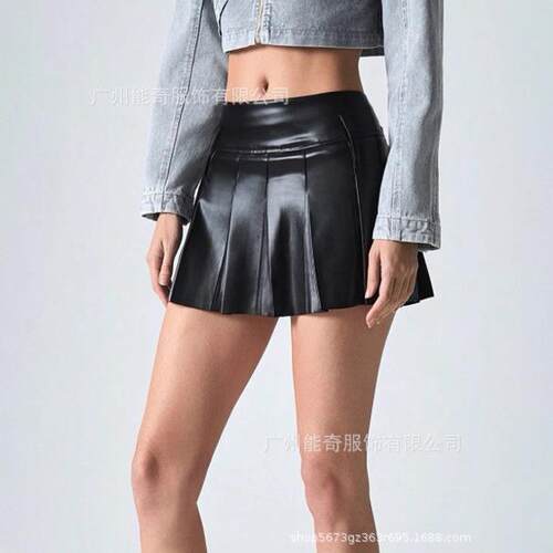 Women's leather skirt, leather pleated skirt, slimming