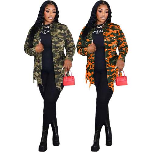 Women's Camo Print Ripped Button-Front Shirt Casual Long