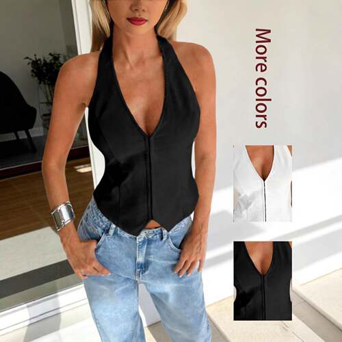 Summer New Trendy Style V Neck Backless Crop , Zipper,