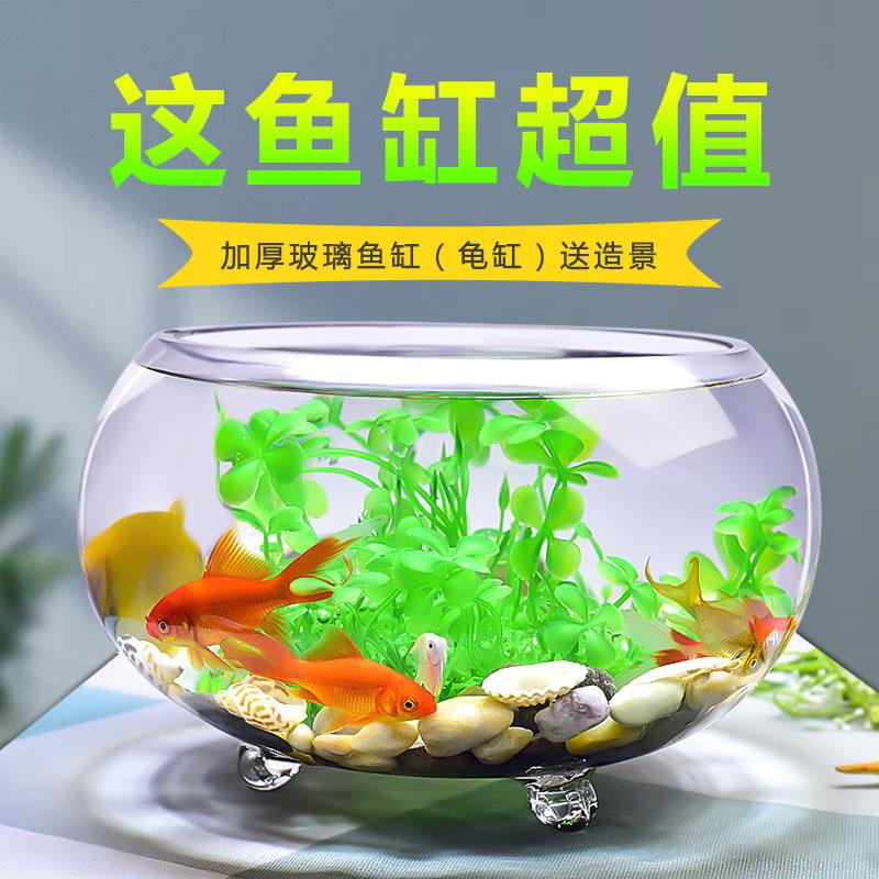 创意加厚带脚透明玻璃圆形金鱼缸客厅小型鱼缸家用桌面水培乌龟缸