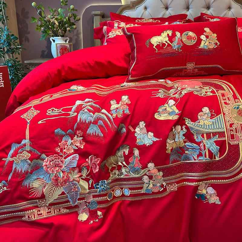 婚庆婚款1s贡缎全棉四件0套千禧百0子图纯BHE棉被套结1.8床上用品