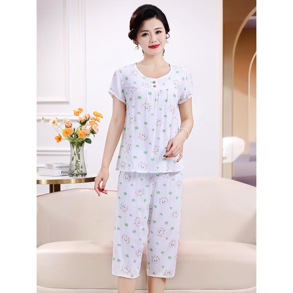 中年妈妈夏装纯棉绸睡衣套装女士睡衣/家居服套装