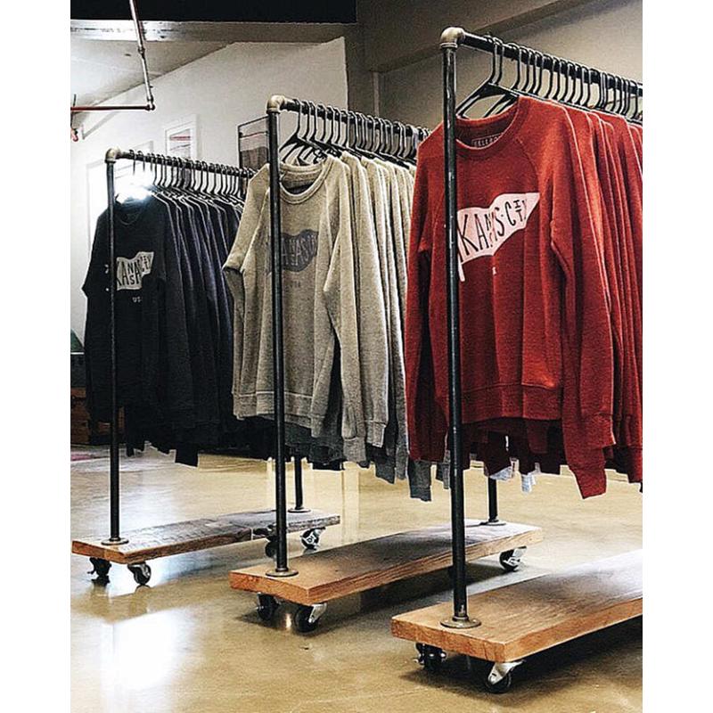 美式铁艺复古实木做旧落地货架衣架水管服装店展示架衣帽架带轮子