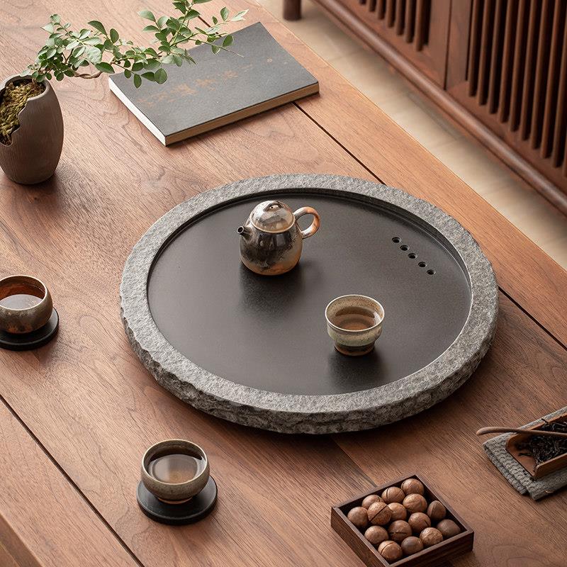 圆形乌金石茶盘天然整块石材黑金石茶海家用简约轻奢办公创意茶台