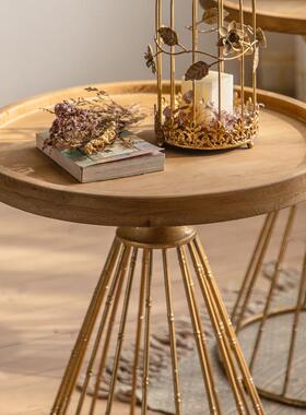 式乡实村木小几小户型客厅沙发小边几甜品店小圆美桌OOX金属茶茶
