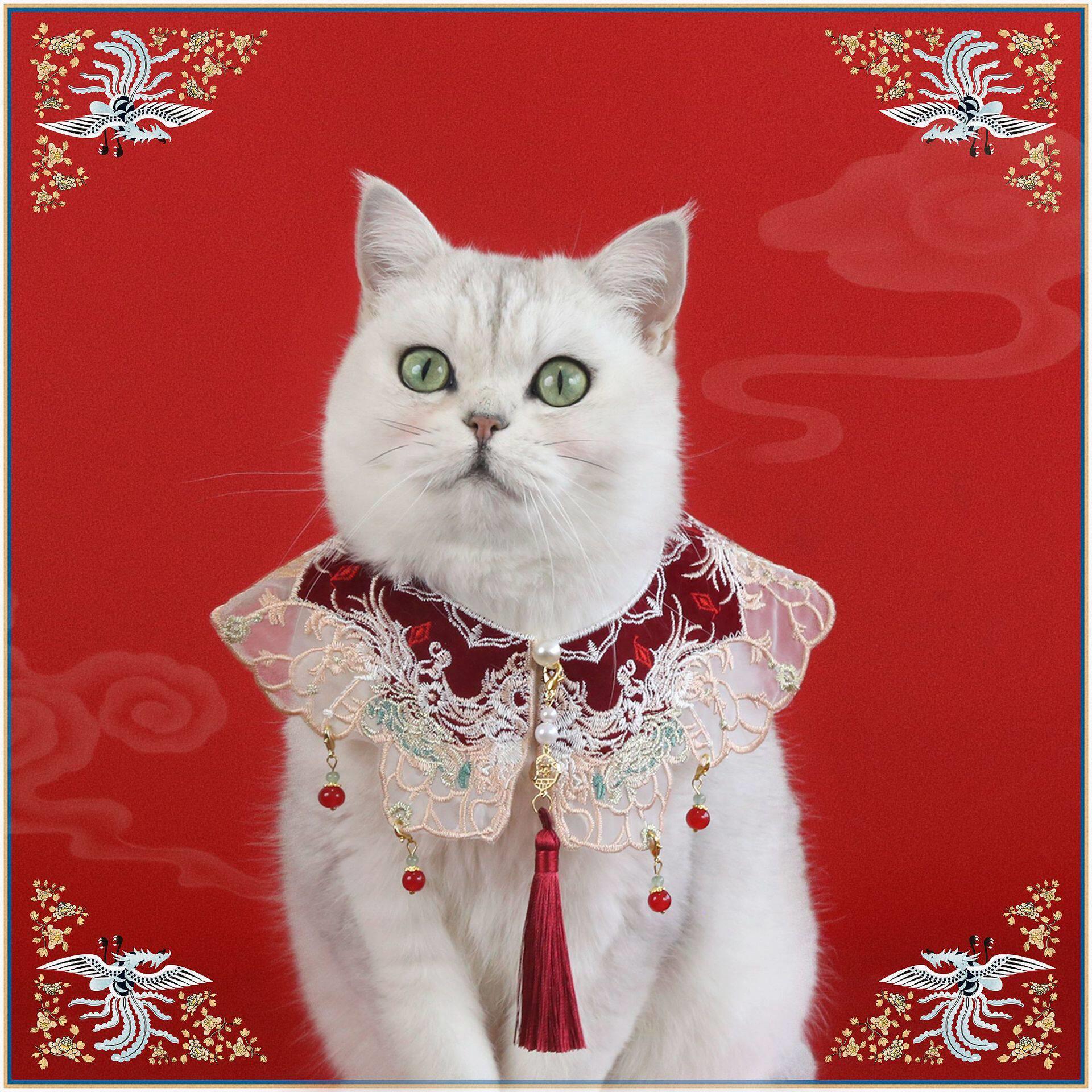 宠物新中式围兜丝绒流苏珍珠宝石吊坠猫咪小体犬新年喜庆婚礼配饰