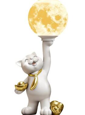 招财猫月球灯桌面装饰摆件卧室儿童房树脂工艺品新房送礼乔迁结婚