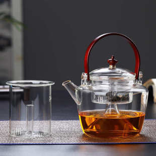 玻璃煮茶壶高硼硅透明将军壶家用煮茶器提梁壶围炉蒸煮蒸煮两用壶