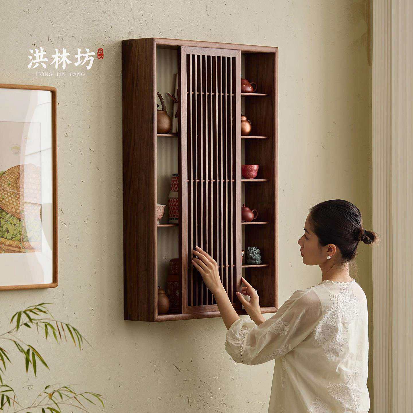 洪林宋式美学壁挂博古架实木茶室坊上博古架BGJ-QM01墙多北美黑胡