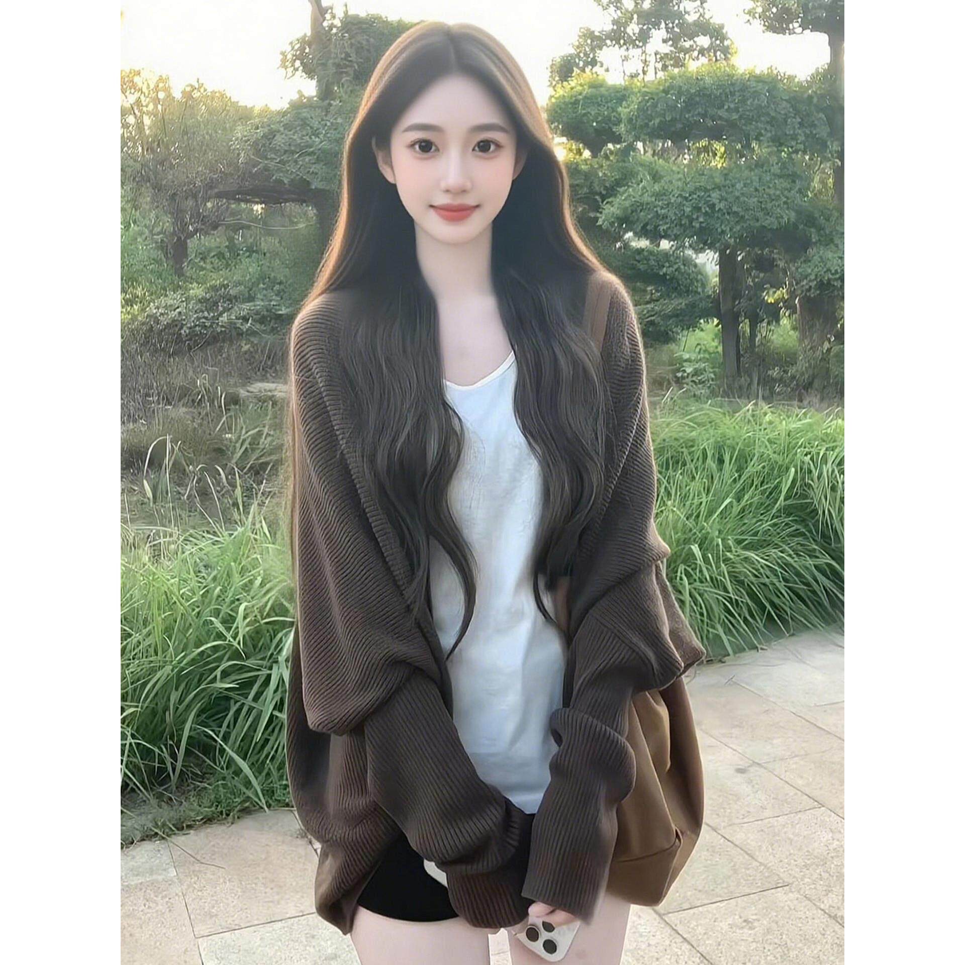 欧洲站咖色高级感蝙蝠袖针织开衫女秋冬中长版慵懒风毛衣外套上衣