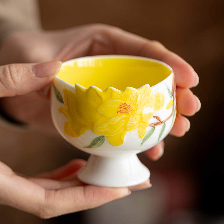 弥言用大号主人高杯纯手绘腊玉泥-雕茶杯单个梅颜值茶杯复古高足