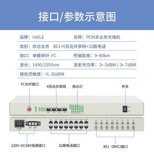 PCM多业务综合光端机 8E1+4百兆共享网+32路电话 单模单纤FC接口