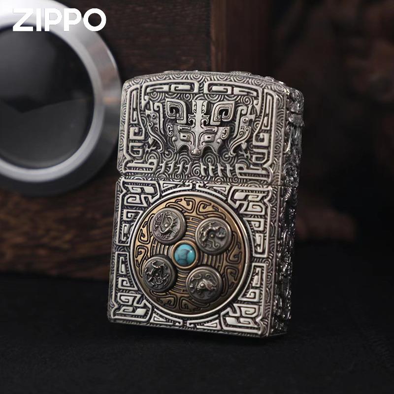 Zippo正品防风打火机个性创意星盘四象重古银转棉油九宫八卦送礼