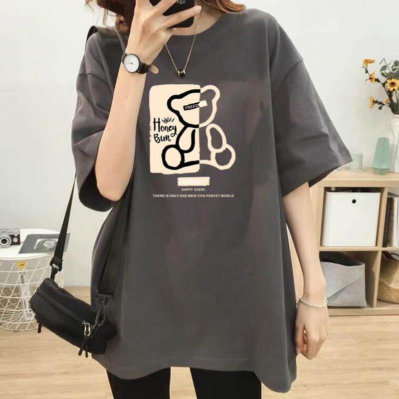 韩国磨毛短袖t恤女中长款宽松大码灰色上衣加厚纯棉半袖2025新款