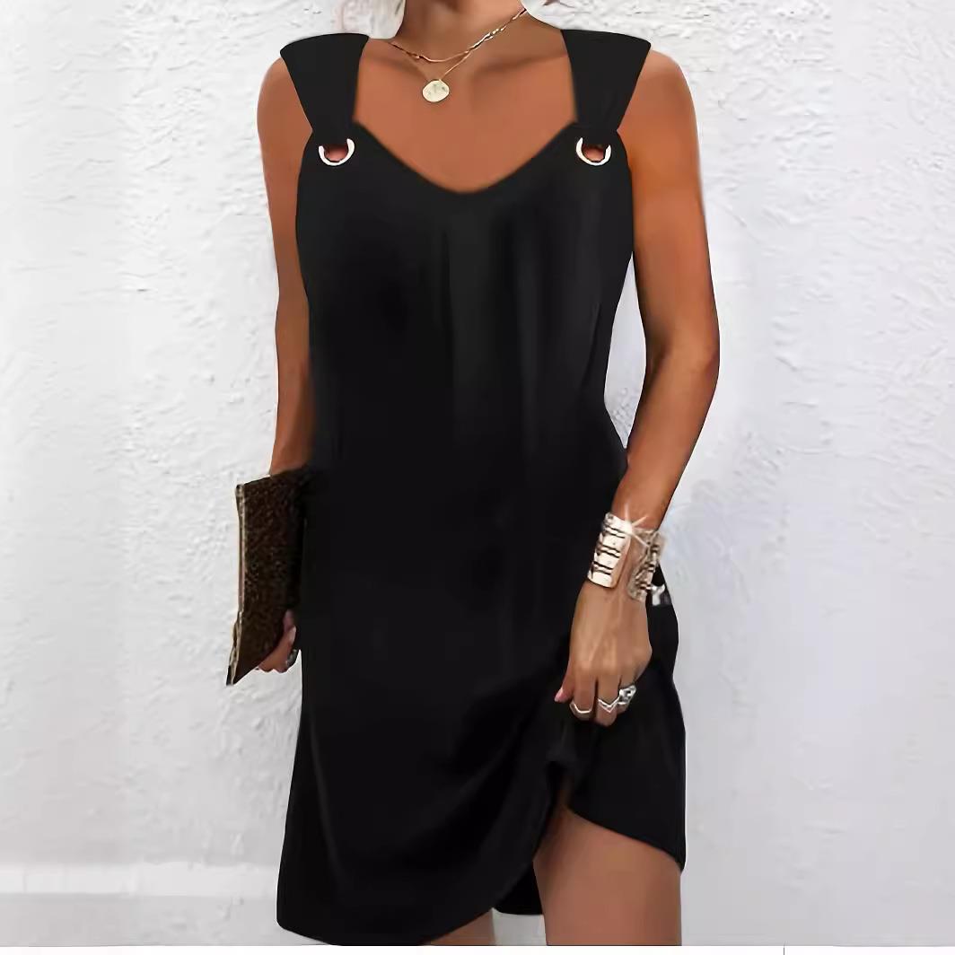 Temperament elegant simple solid color metal button V-neck