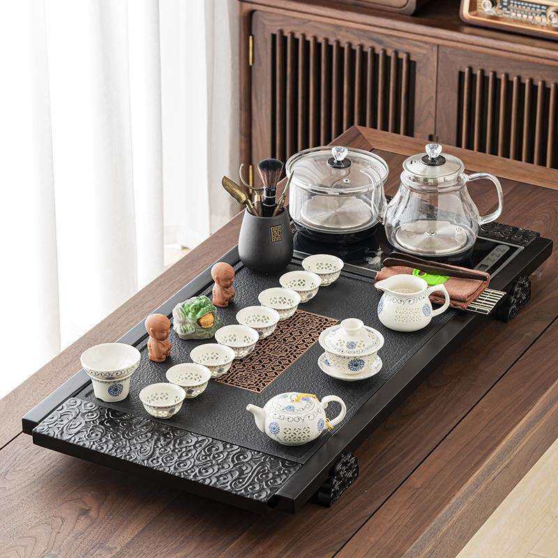 茶具套装家用一体茶台石材实木结合茶盘四合一玻璃烧水壶功夫泡茶