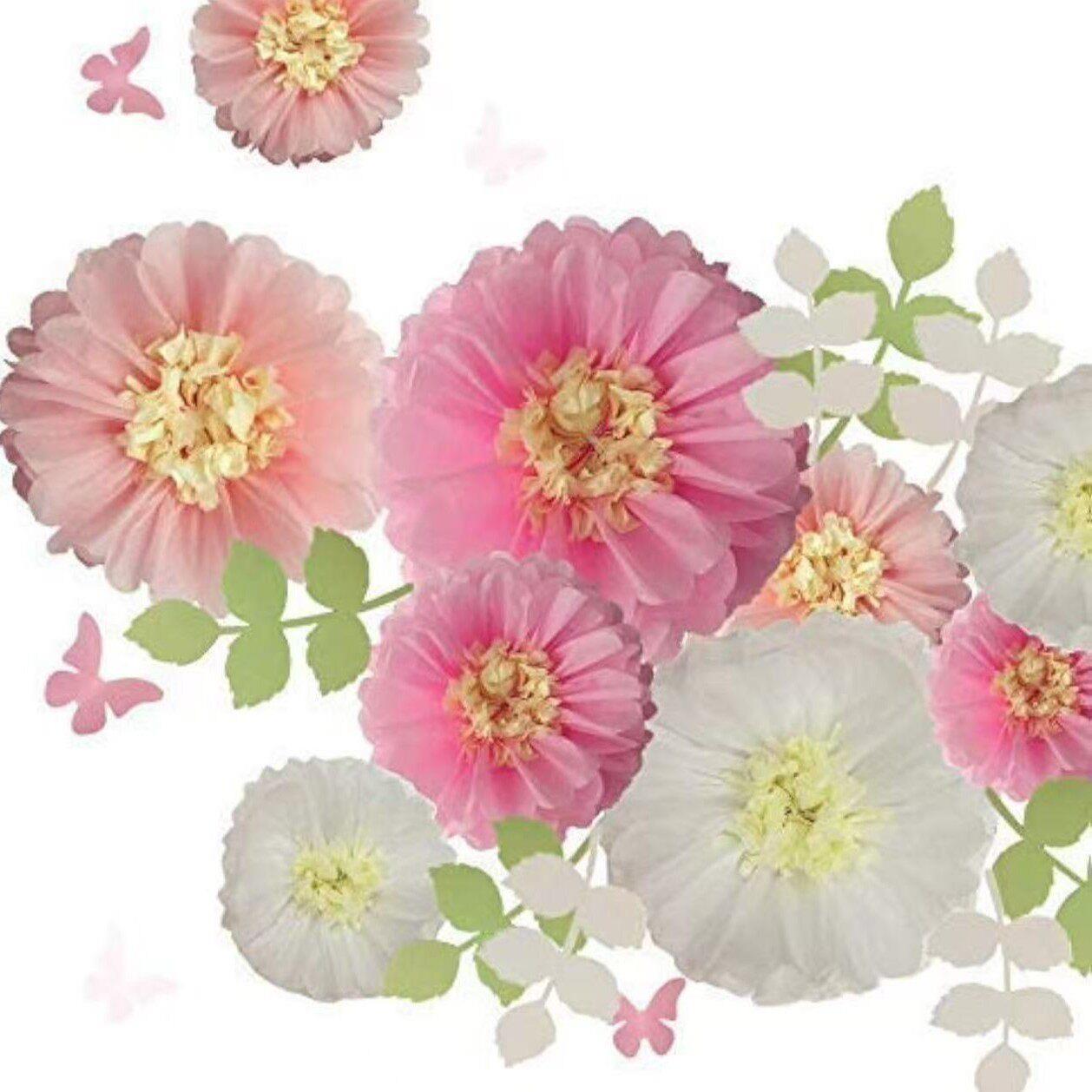 欧美生日派对双色花蕊纸花球装饰蝴蝶树叶子套装立体花21PCS