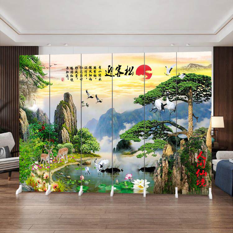 流水生财迎客松山水国画屏风折叠办公室客厅遮挡饭店酒店隔断聚财