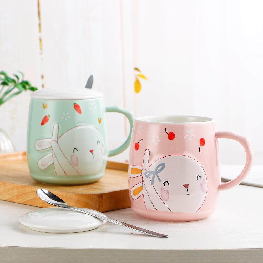 陶瓷马克杯咖啡杯带不锈钢勺子立体浮雕卡通兔子早餐杯礼品杯印字