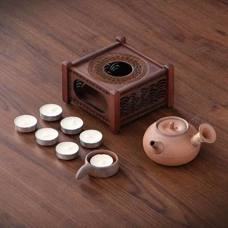 中式复古温茶套组家用茶室实木温茶台粗陶侧把壶加热蜡烛台茶道