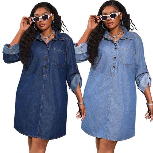 Plus Size Curvy Womens Casual Denim Dress With Front Pockets