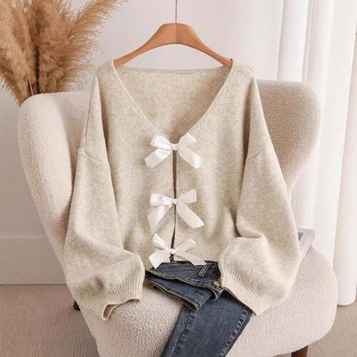 Plus Size Shoulder Cutout Cute Bow Neck Knit Cardigan,