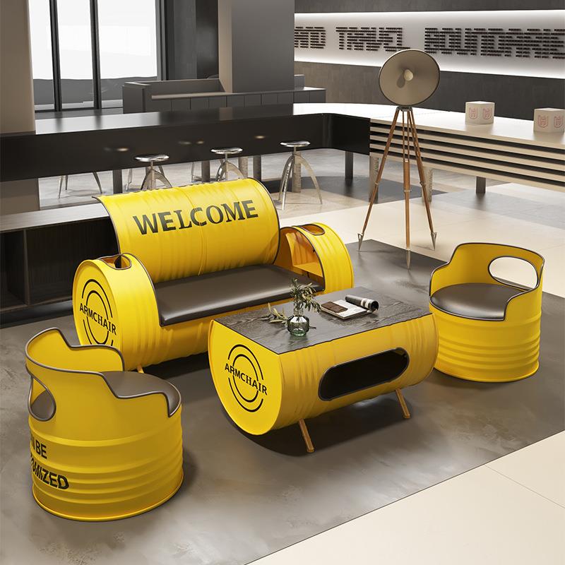 复古工业风创意油桶主题沙发酒吧接待室洽谈区卡座桌椅茶几组合