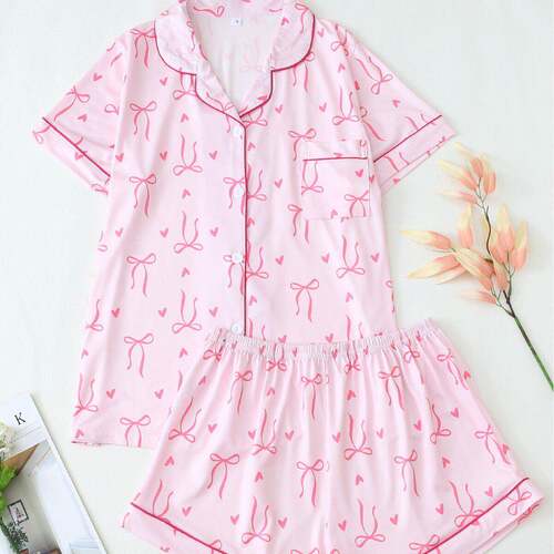 Women Bow Print Shirt Elastic Waist Shorts Pajama Set Summer