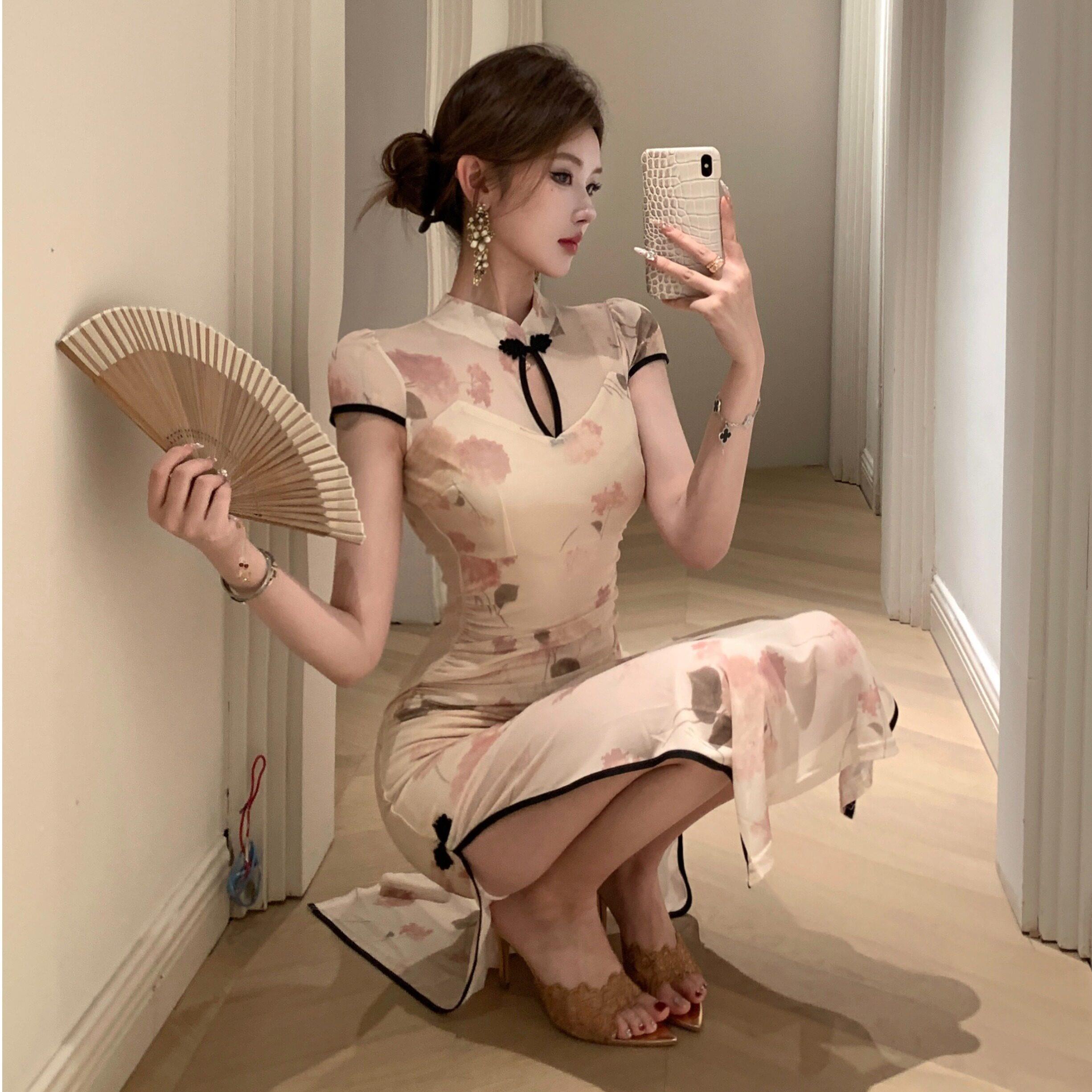 新中式国风旗袍连衣裙女技师服性感显身材弹力包臀开叉网纱长裙子