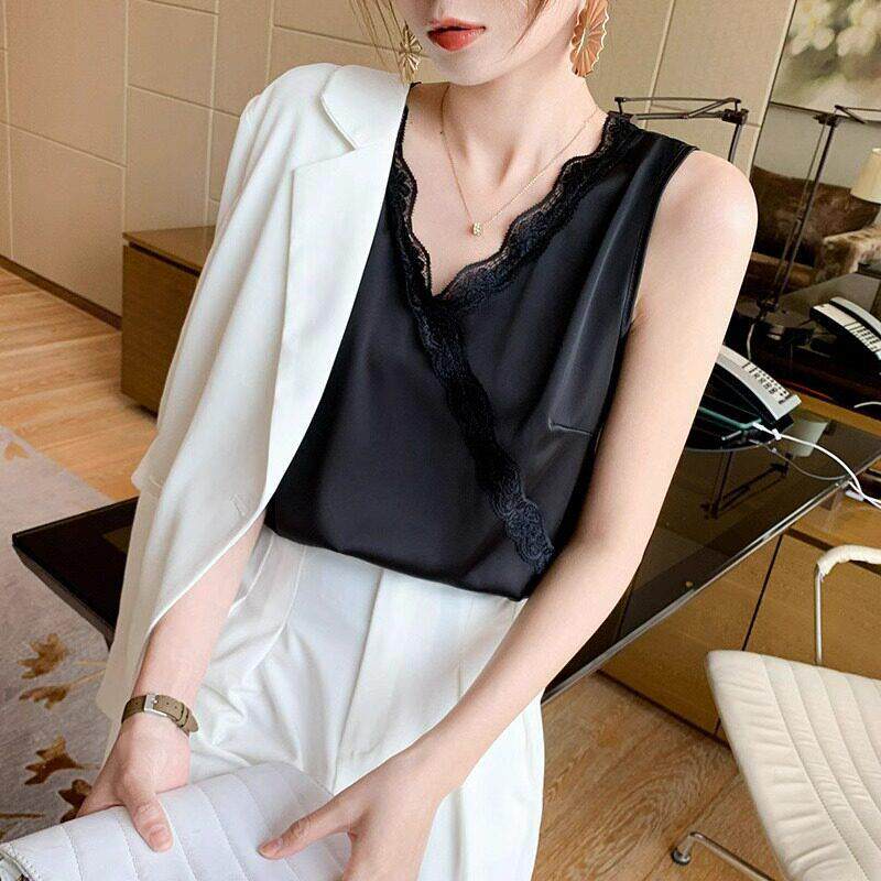 V领真丝缎面吊带背心女2026年夏季新款桑蚕丝内搭蕾丝打底上衣