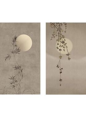 现代原木风装饰画茶室客厅玄关竹简约油画布无框日式民宿侘寂挂画