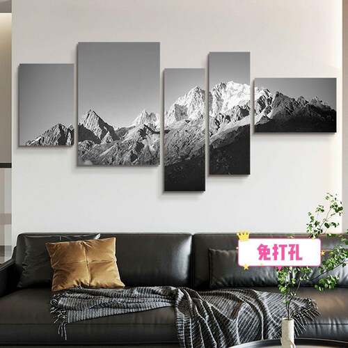 富士山挂画黑白现代简约客厅沙发背景墙面壁画日照金山房间装饰画