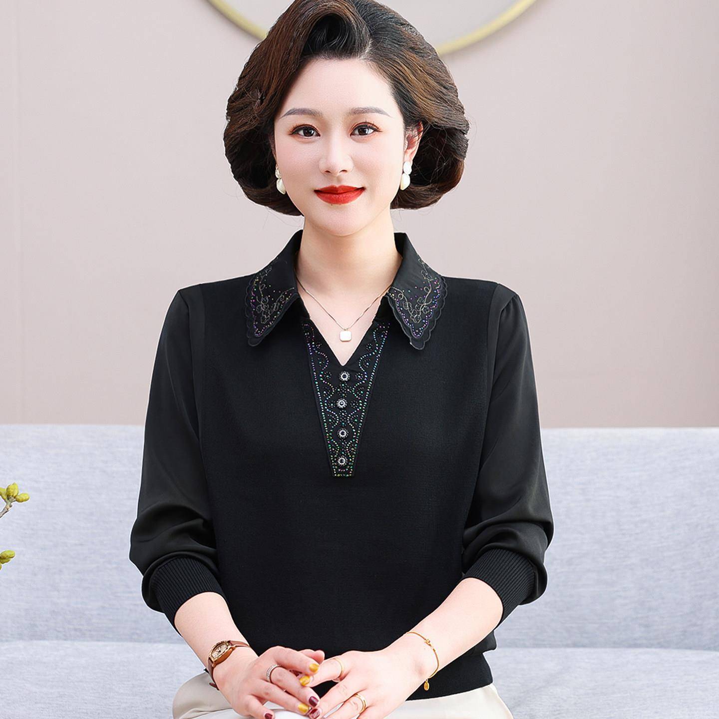 妈妈款春装带领长袖T恤 中年女春秋衬衣打底衫中老年人上衣服套装