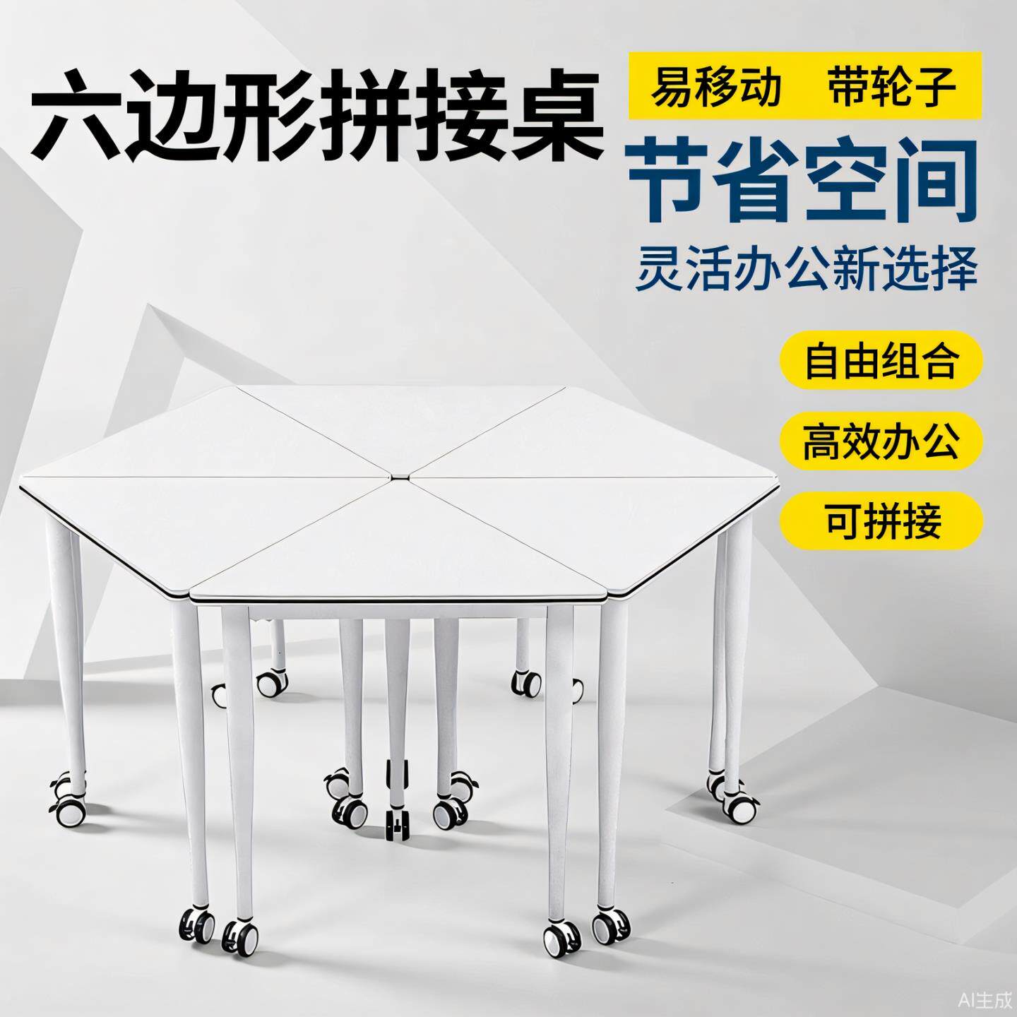 六边形组合培训桌移动带轮三角形拼接会议桌彩色学生团体阅览桌椅
