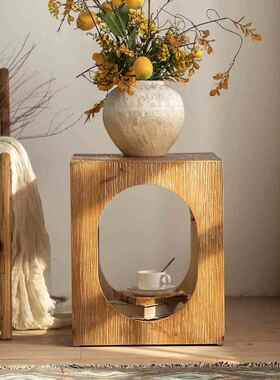 田园老实木存储角桌客厅沙发卧室床边咖啡桌Wabi-Sabi风格民宿小