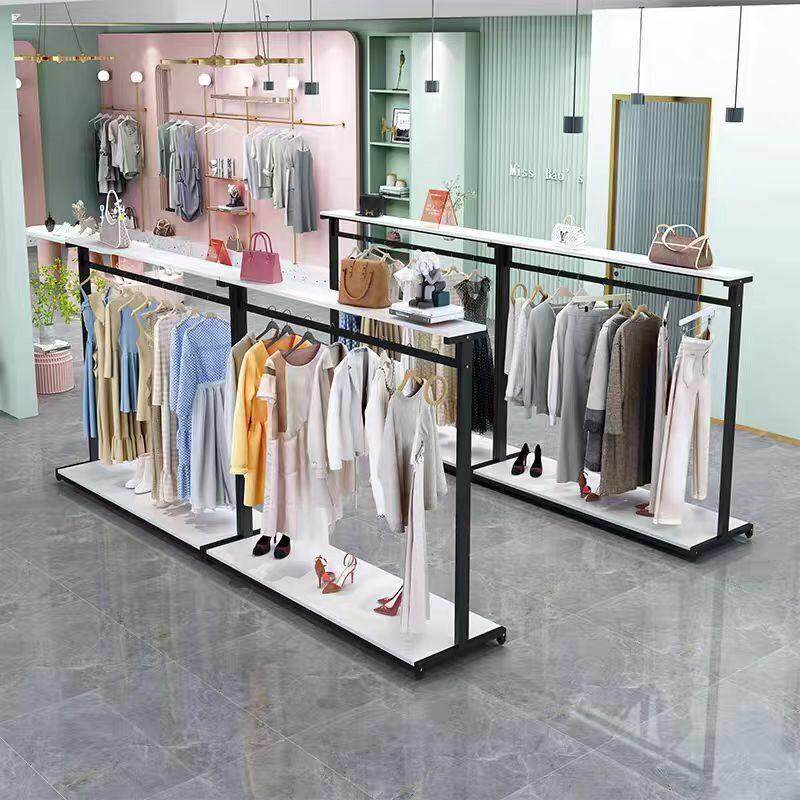 新款铁艺烤漆服装店展示架商场中岛挂衣架落地单杠服装架服装货架
