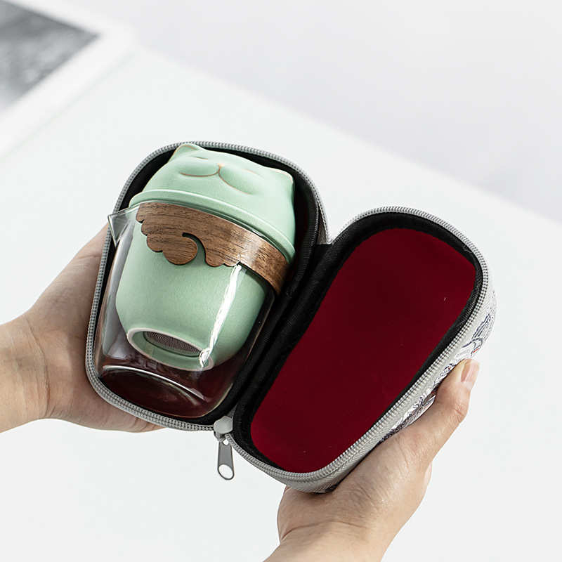 招财猫陶瓷旅行茶具便捷式快客杯一壶三杯小套装户外泡茶壶茶杯