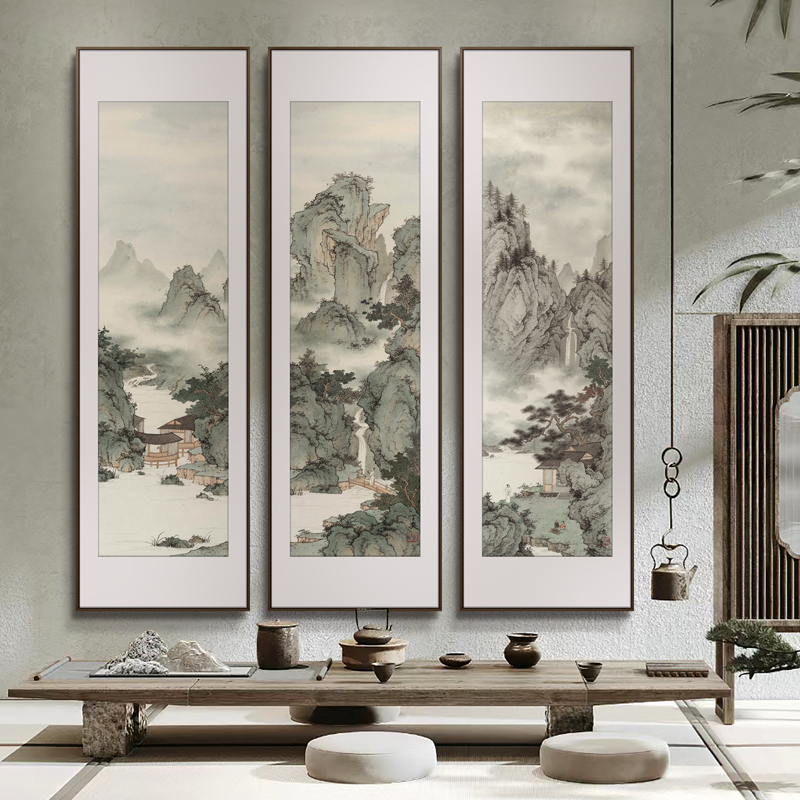 新中式玄关客厅风景走廊装饰画茶室多联组合背景挂画饭店条屏壁饰图片