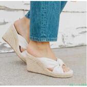 甜美凉鞋 夏季 女米白色麻布草编高跟漏趾凉鞋 女拖鞋 新款 坡跟凉鞋