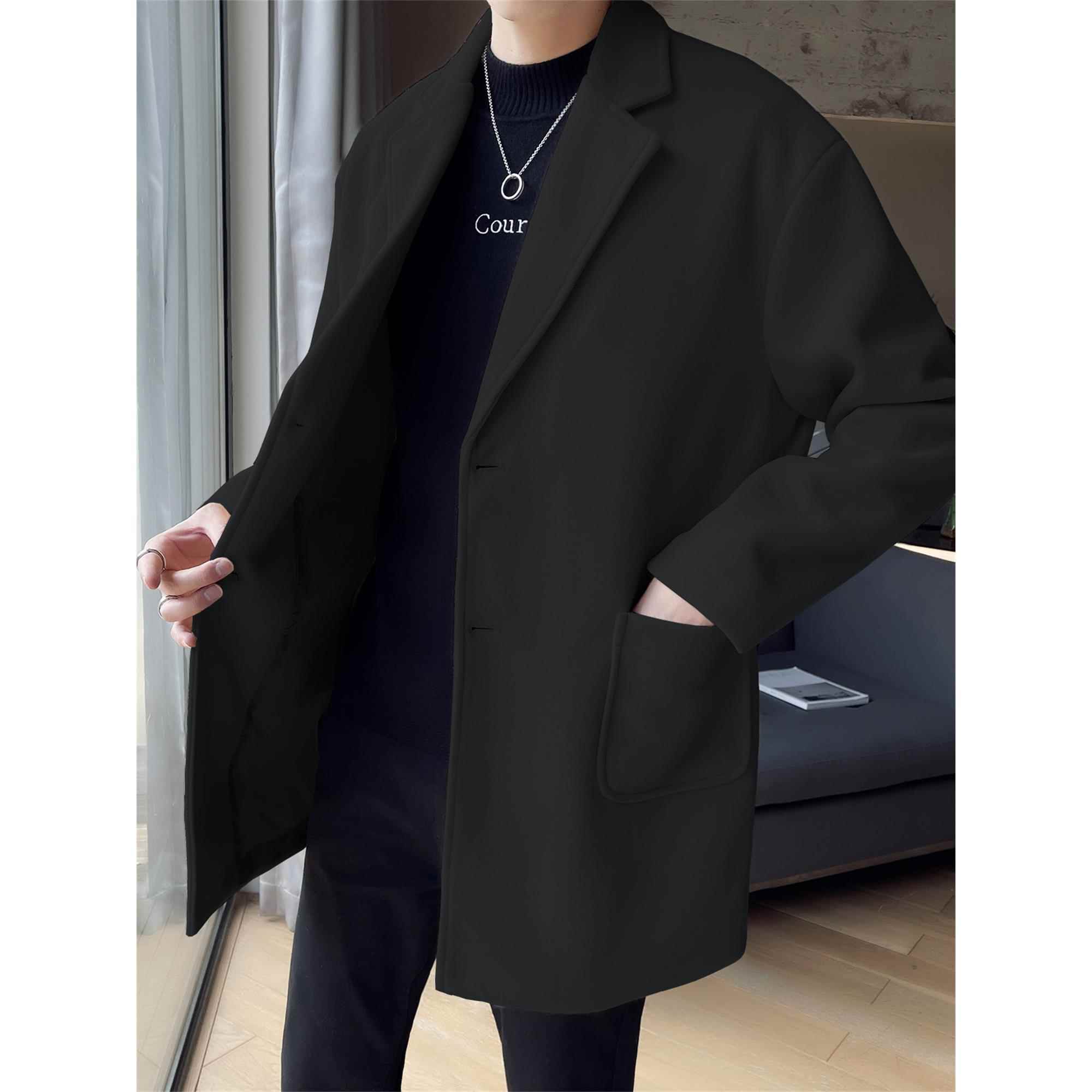 中款加厚呢子风衣外套男士秋冬季潮流休闲宽松秋冬装中长毛1022r