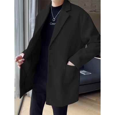 中款加厚呢子风衣外套男士秋冬季潮流休闲宽松秋冬装中长毛1022r