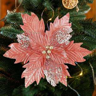 12支现货圣诞花仿真花金粉圣诞树花环配件挂件圣诞装饰花头假花