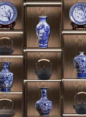 高档新式酒店茶室茶博古架置物中架茶柜装饰花摆件仿古青花瓷瓶壶
