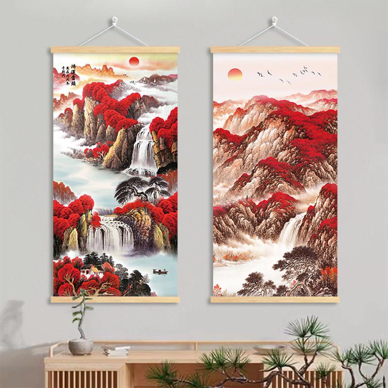 鸿运当头挂画山水画靠山图玄关画高山流水旭日东升装饰画客厅挂布