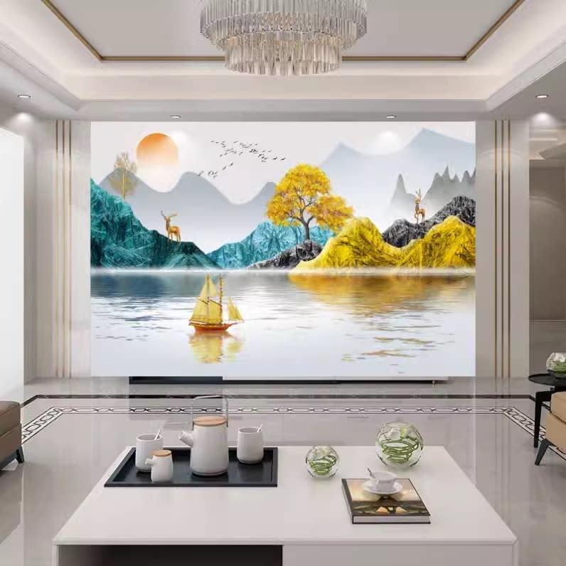 8D山水画电视背景墙板客厅竹木纤维集成护墙板简约现代装饰影视墙