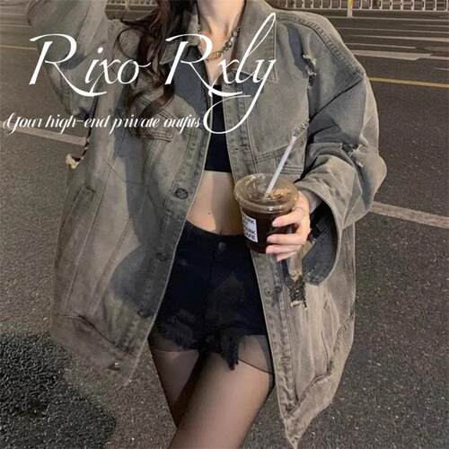 RIXO RXLY美式复古做旧破洞牛仔外套女春秋季小众设计感休闲夹克