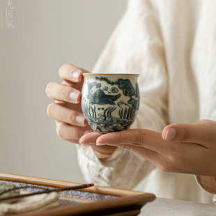青花汝窑茶杯鱼藻纹主人杯开片可养单杯家用功夫茶具陶瓷品茗杯