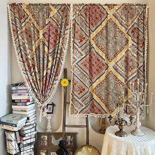 摩洛哥彩色布艺窗帘门帘厨房窗帘半帘免打孔穿杆挂钩定制魔术贴帘