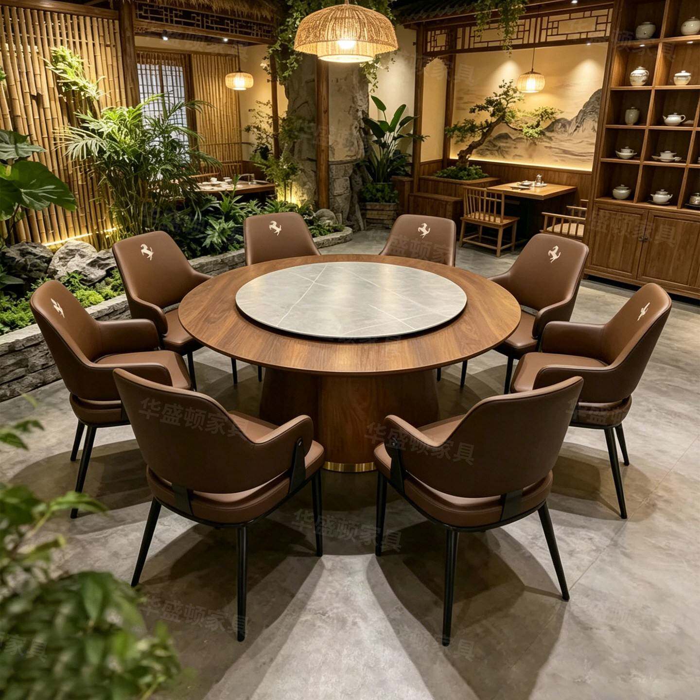 山野风主题餐厅实木圆桌茶餐厅桌椅组合火锅店湘菜馆饭店商用餐椅