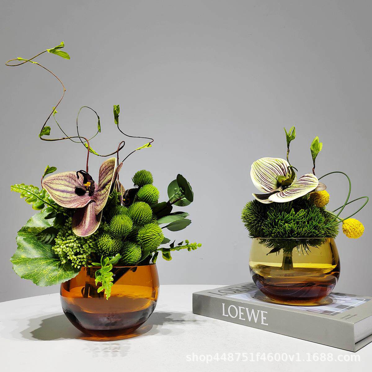 现代仿真花艺绿植玻璃花器餐桌洽谈软装客厅假花轻奢装饰花艺摆件